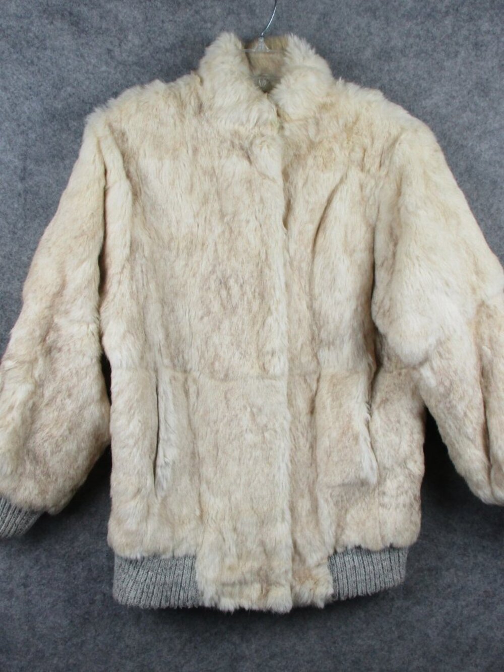 Niki Rabbit Fur Bomber Jacket Womens Small Ivory Tan Coat Satin Lined Mob Wife